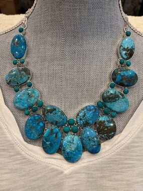 Turquoise Oval Statement Necklace 925 - Blue Gemstone Bib handmade.